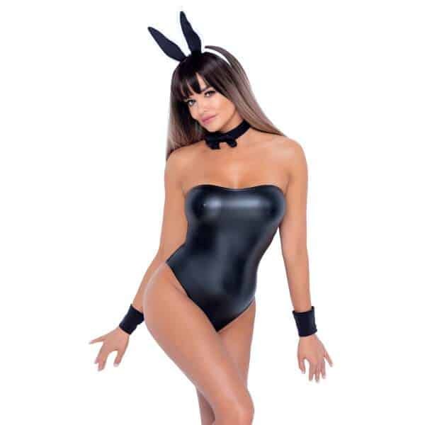 Cottelli Costumes - Bunny Set - 4-Delig - Strapless Body - Wetlook - Zwart