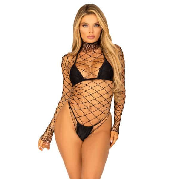 Leg Avenue - String Body - Turtelneck - Lange Mouw - Visnet - Zwart