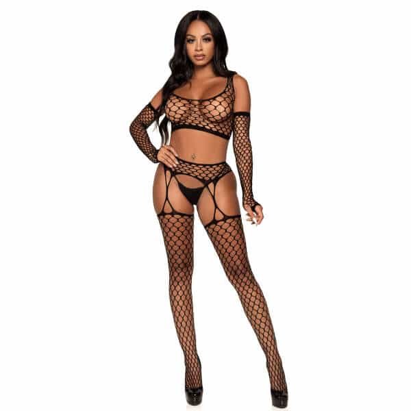 Leg Avenue - Crop Top - Jarretelpanty - Handschoenen - 3-delig - Visnet