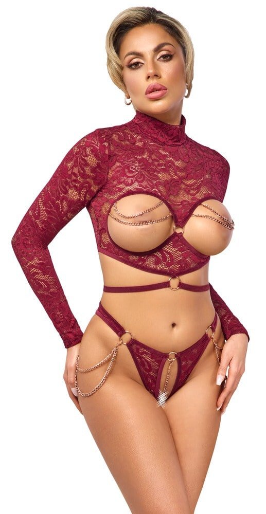 Abierta Fina - Lingerie Set - Lange Mouw - Open Kruis Slip - Kettingen - Kant - Rood - Afbeelding 3