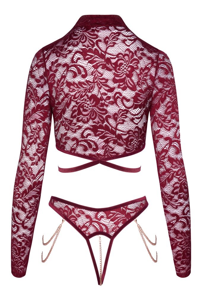 Abierta Fina - Lingerie Set - Lange Mouw - Open Kruis Slip - Kettingen - Kant - Rood - Afbeelding 8