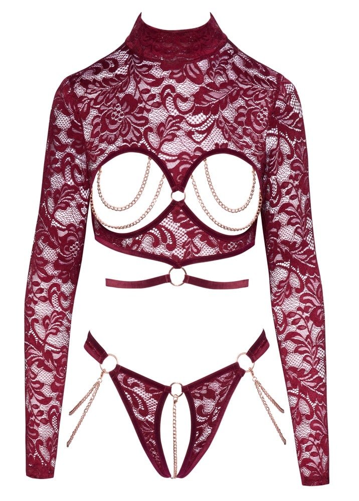 Abierta Fina - Lingerie Set - Lange Mouw - Open Kruis Slip - Kettingen - Kant - Rood - Afbeelding 7