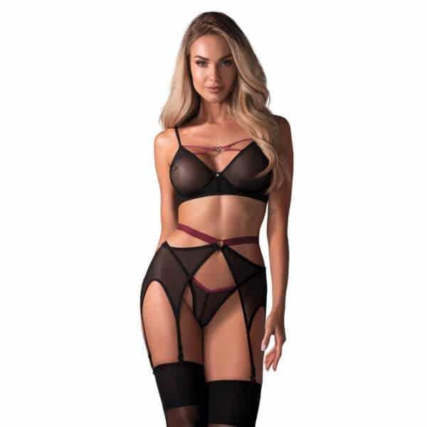 Obsessive - Novenes - Lingerie Set - Met Jarretelles - Red Straps - Gaas - Zwart