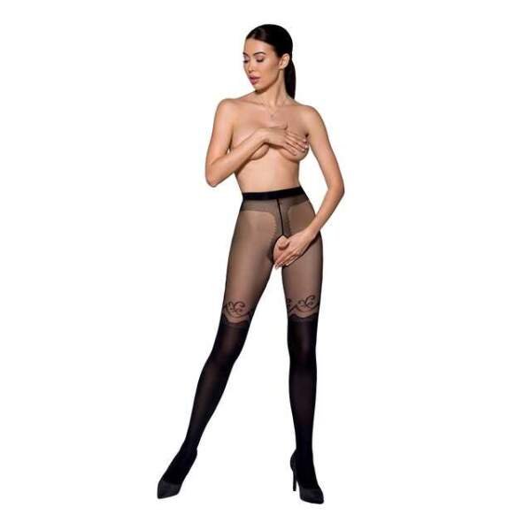 Passion - Panty - Open kruis - 20/40 Denier - Sier Motief - Zwart