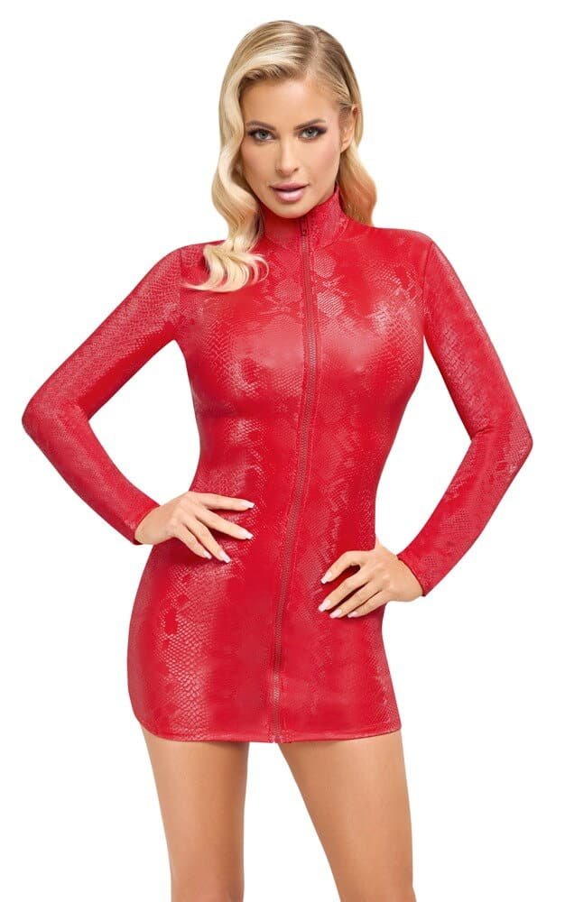 Cottelli Collection - Jurk Snake - Snakeprint - Rits - Wetlook - Rood - Afbeelding 2