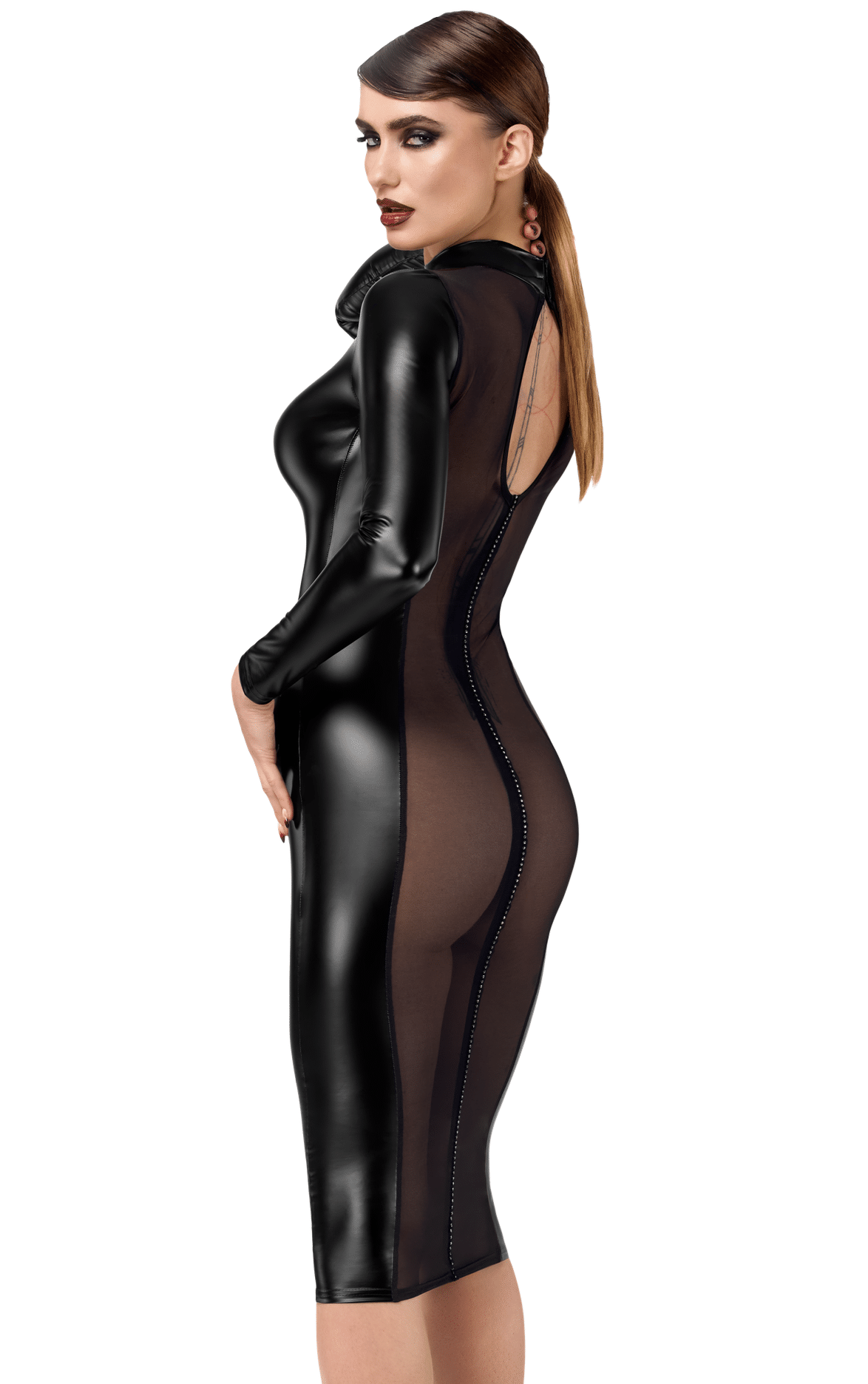 Wetlook Midi Jurk met Mesh en Strass -Luxuria F371 - Noir Handmade