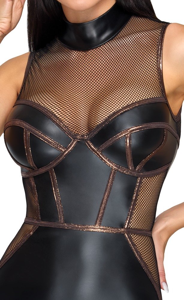 Zwarte Wetlook Jurk met Mesh en Corset Details – Sexy Party Jurk - Cottelli Collection - Afbeelding 3