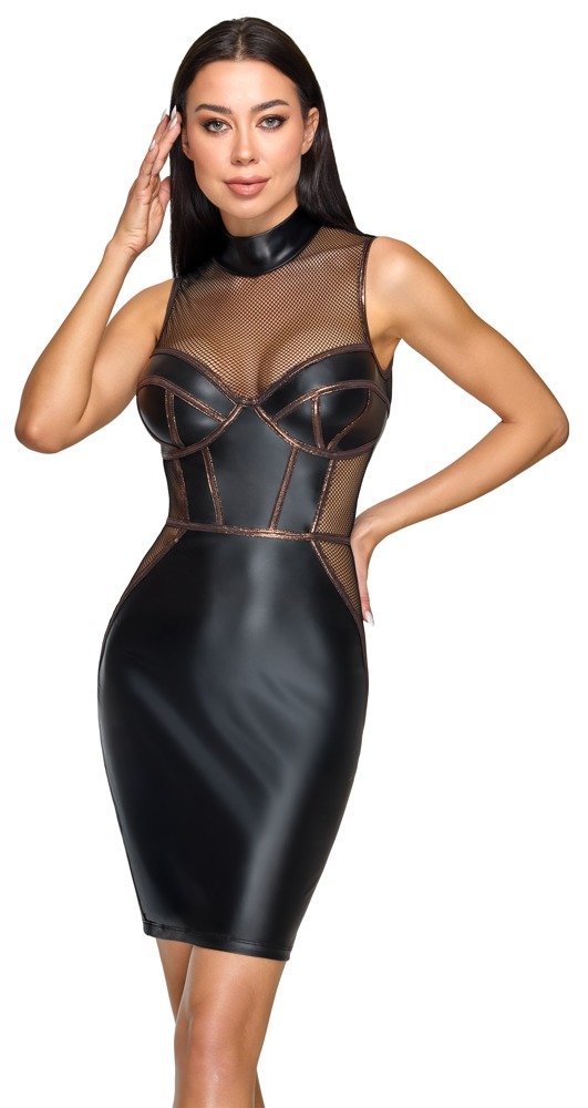 Zwarte Wetlook Jurk met Mesh en Corset Details – Sexy Party Jurk - Cottelli Collection